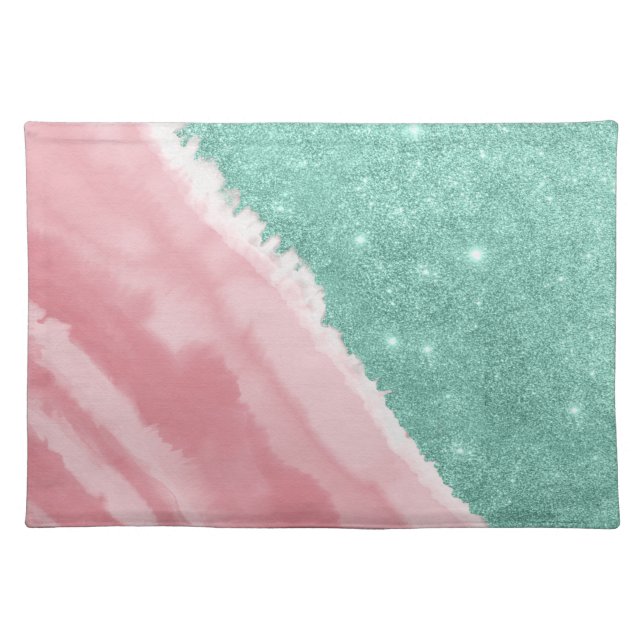 Modern Aqua Teal Pink Glitter Watercolor Beach Cloth Placemat (Front)