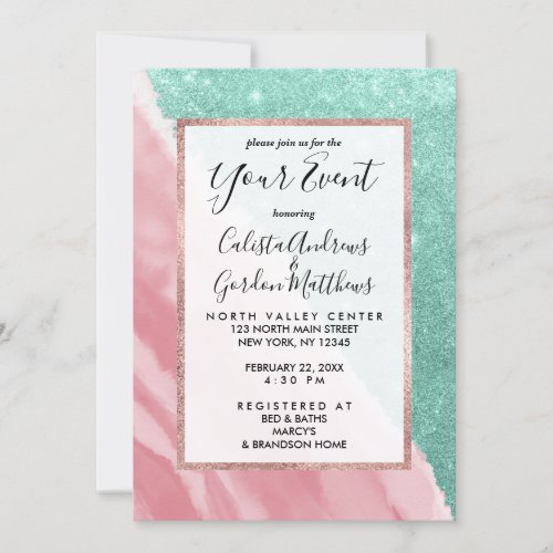 Modern Aqua Teal Pink Glitter Watercolor Beach Invitation