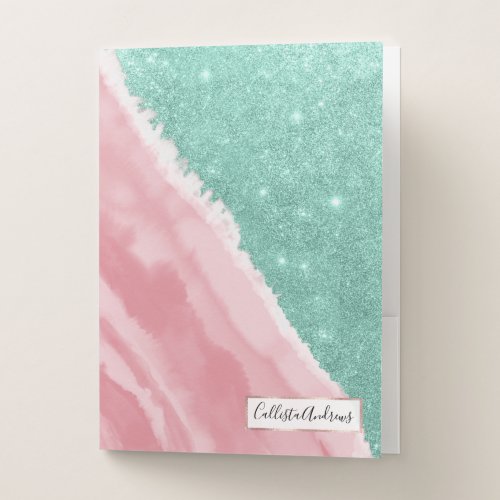 Modern Aqua Teal Pink Glitter Watercolor Beach Pocket Folder