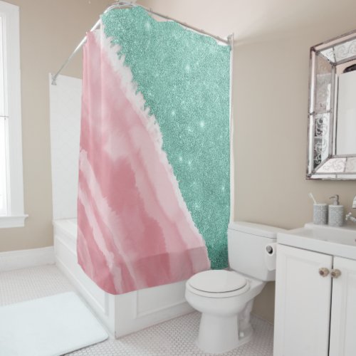 Modern Aqua Teal Pink Glitter Watercolor Beach Shower Curtain