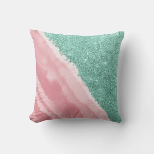 Modern Aqua Teal Pink Glitter Watercolor Beach Throw Pillow