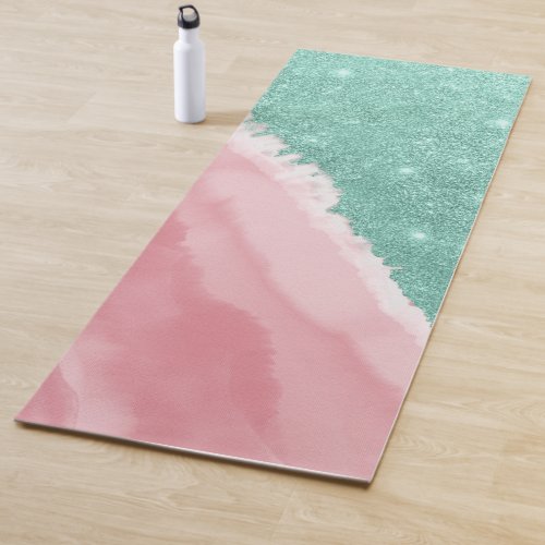 Modern Aqua Teal Pink Glitter Watercolor Beach Yoga Mat