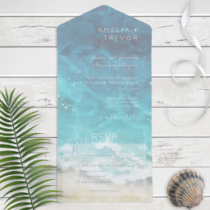 Modern Aqua Watercolor Beach & Sea Dinner All In One Invitation