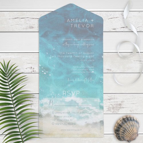 Modern Aqua Watercolor Beach  Sea Dinner All In One Invitation