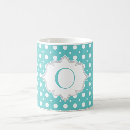 Modern aqua white polka dot pattern monogram coffee mug