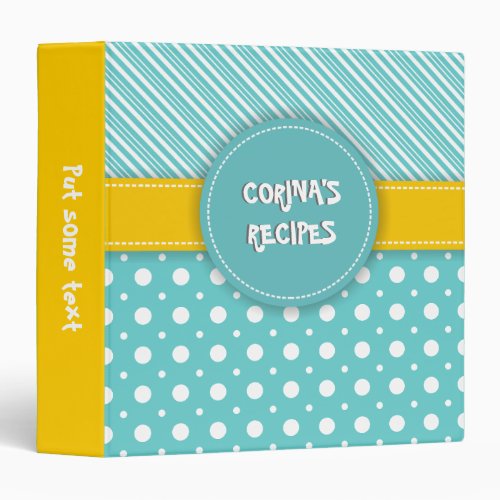 Modern aqua white yellow polka dot  stripes 3 ring binder