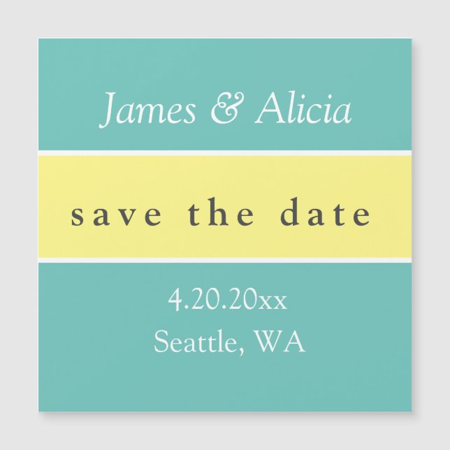 Modern Aqua & Yellow Save the Date Magnetic Card (Front)