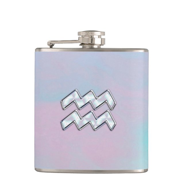 Modern Aquarius Sign on Mother of Pearl Style Hip Flask (Front)