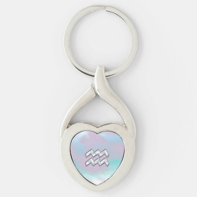 Modern Aquarius Sign on Mother of Pearl Style Keychain (Front)