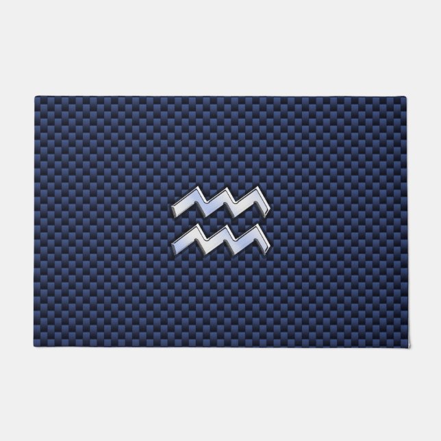 Modern Aquarius Sign on navy blue carbon fiber Doormat (Front)