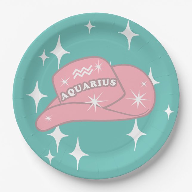 Modern Aquarius Zodiac Cowgirl Hat Teal Party   Paper Plates (Front)