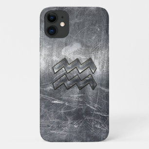 Modern Aquarius Zodiac Distressed Silver Steel iPhone 11 Case