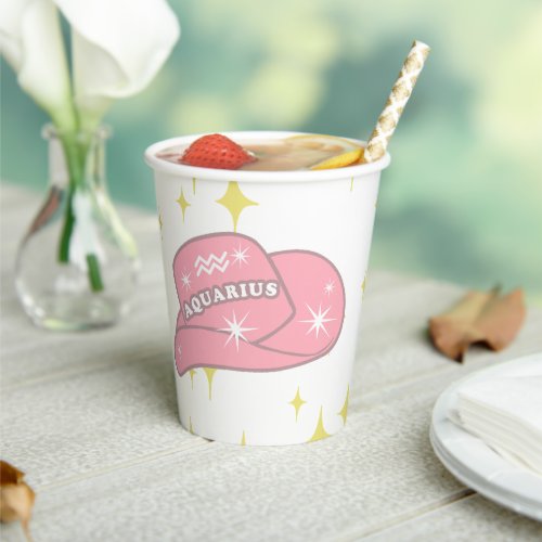 Modern Aquarius Zodiac Pink Cowgirl Hat Birthday  Paper Cups