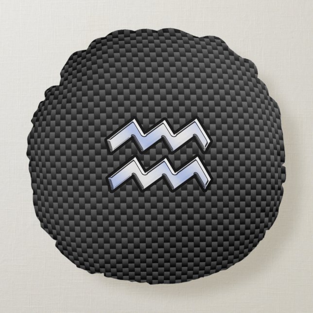 Modern Aquarius Zodiac Sign Carbon Fiber Style Round Pillow (Front)