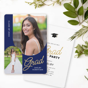 Modern Arch 2 Photo Grad Party Blue Invitation