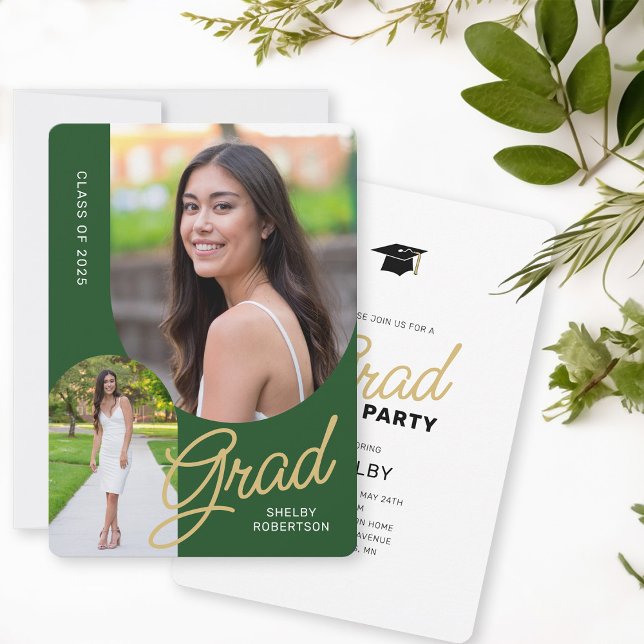 Modern Arch 2 Photo Grad Party Green Invitation (Creator Uploaded)