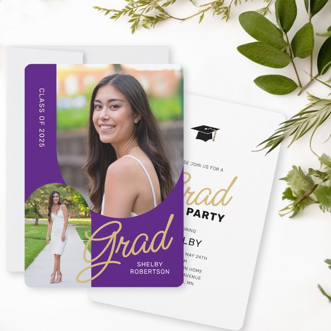 Modern Arch 2 Photo Grad Party Purple Invitation (Creator Uploaded)