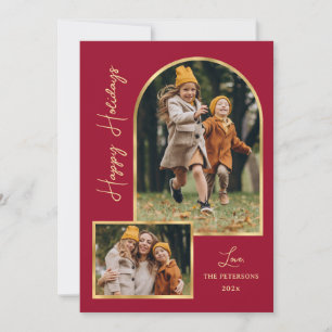 Modern Arch 3 Photo Burgundy Happy Holiday Card