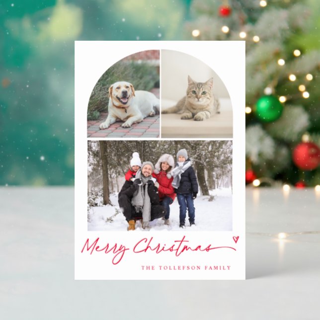 Modern Arch 3 Photo Collage Christmas Letterpress Photo Cards (Front (Into))