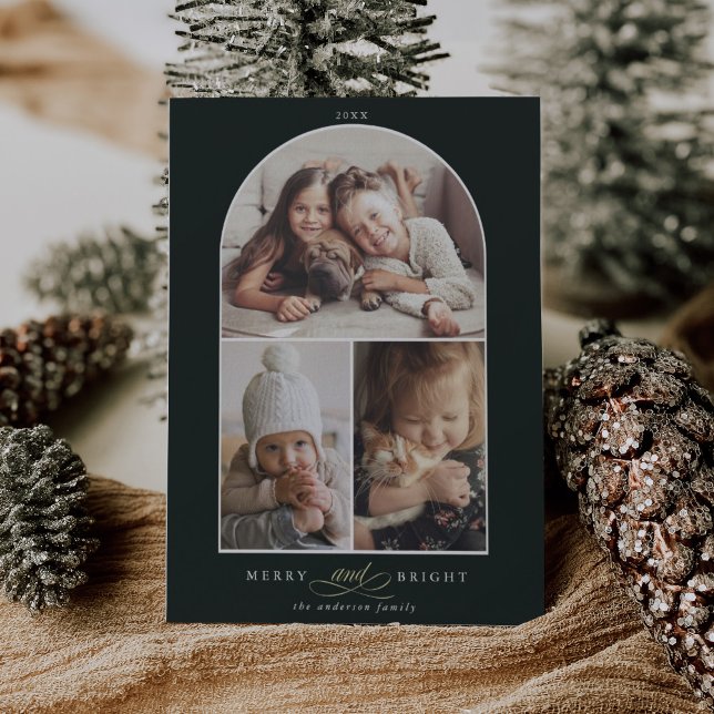 Modern Arch 3 Photo Merry & Bright Green Holiday Card (Creator Uploaded)