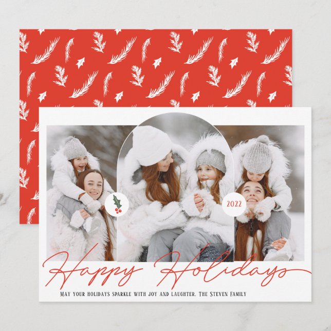 modern arch 3 photos red script happy holiday card (Front/Back)