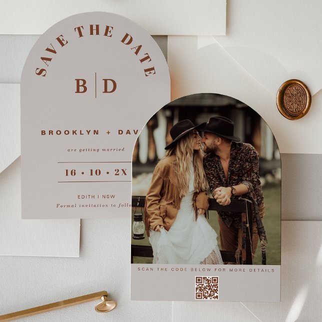 Modern Arch Beige Wedding Save The Date Card (Terracotta Beige Arch Save The Date, Couples Photo, QR code, Modern Arch Save The Date Card, Wedding)