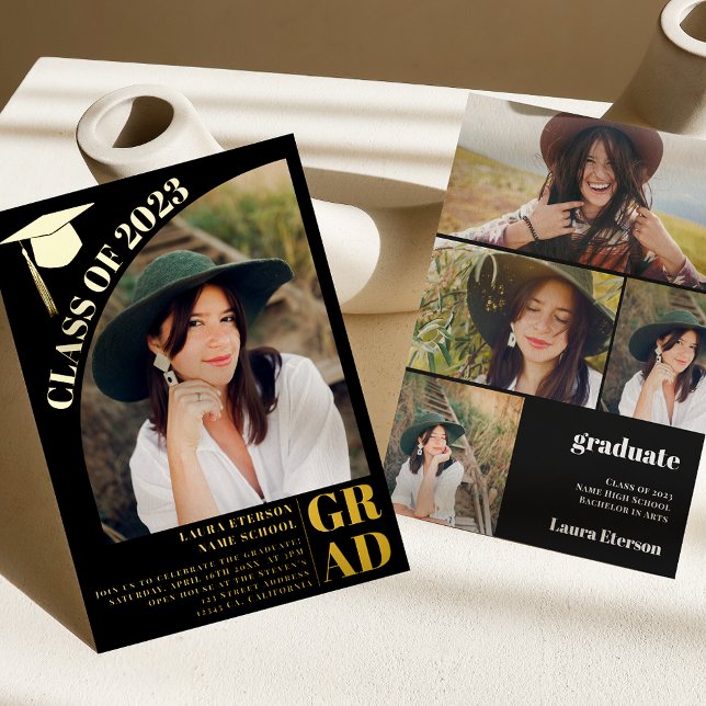 Modern arch black 5 photos graduation foil invitation (Creator Uploaded)
