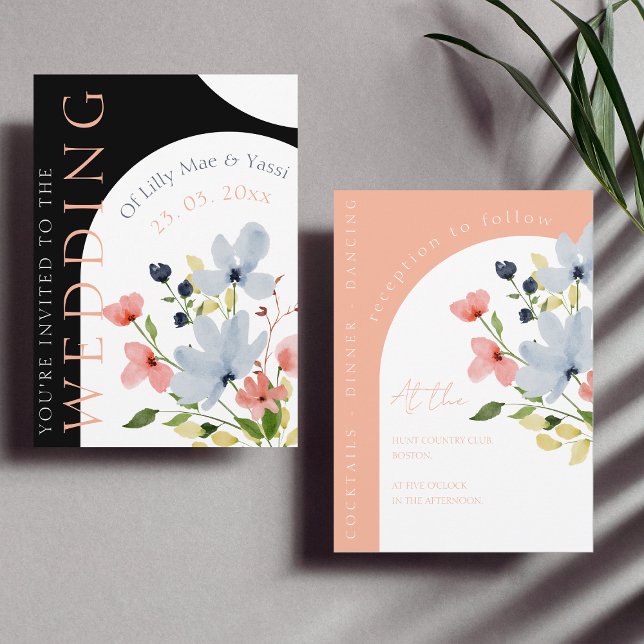 Modern Arch Black and Blush Floral Wedding Invitation (Creator Uploaded)