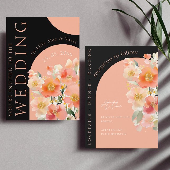 Modern Arch Black and Peach Floral Wedding Invitation (Creator Uploaded)