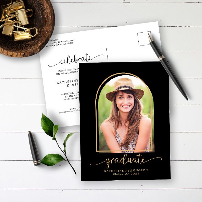 Modern Arch Black Gold Photo Graduation Announcement Postcard (Creator Uploaded)