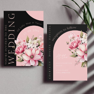 Modern Arch Black Pink Floral Wedding Invitation