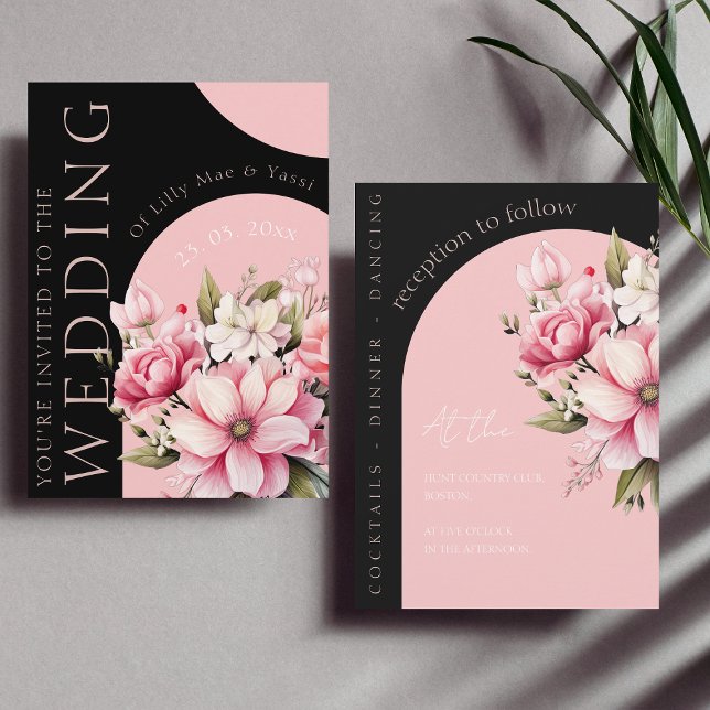Modern Arch Black Pink Floral Wedding Invitation (Creator Uploaded)