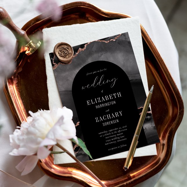 Modern Arch Black Rose Gold Agate Wedding Invitation (Creator Uploaded)