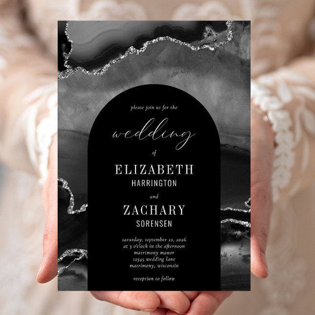 Modern Arch Black Silver Agate Wedding Invitation (Creator Uploaded)