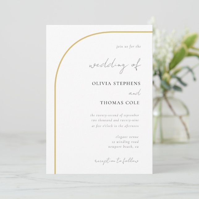 Modern Arch Black White Gold Calligraphy Wedding Invitation (Standing Front)