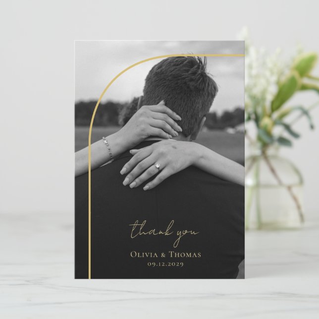 Modern Arch Black White Gold Wedding Photo Thank You Card (Standing Front)