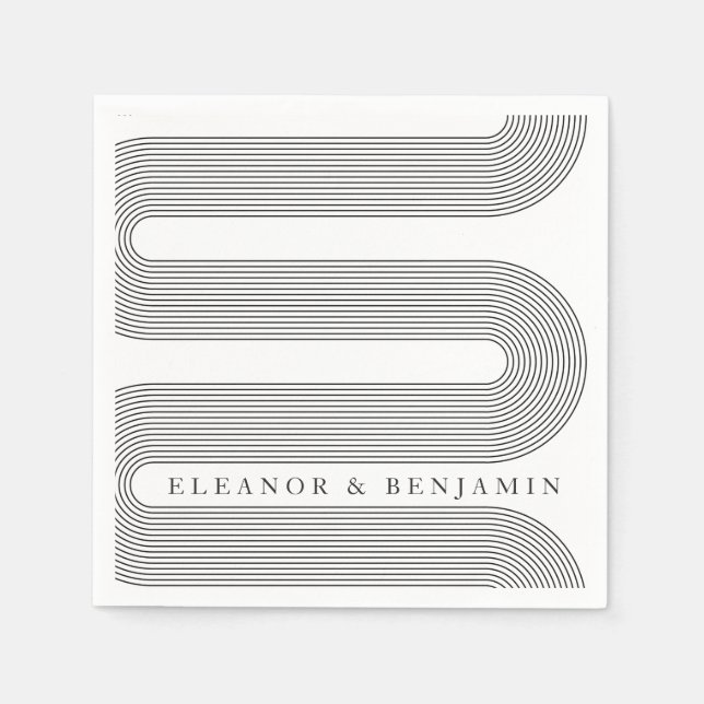 Modern Arch Black White Lines Elegant Wedding Name Napkins (Front)