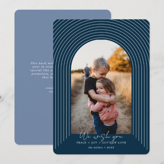 Modern  Arch Blue Christmas Vertical Picture Holiday Card (Front/Back)