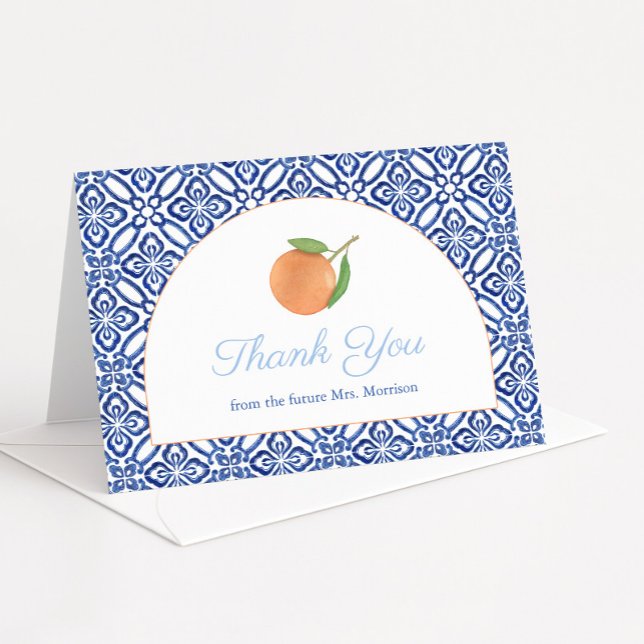Modern Arch Blue Tile Citrus Bridal Shower Thank You Card (Modern arch with antique blue and white Italian tiles & single orange wedding shower thank you cards)