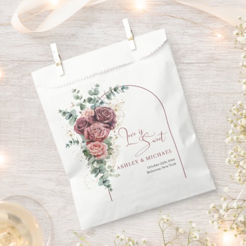 Modern arch blush burgundy floral greenery wedding favor bag