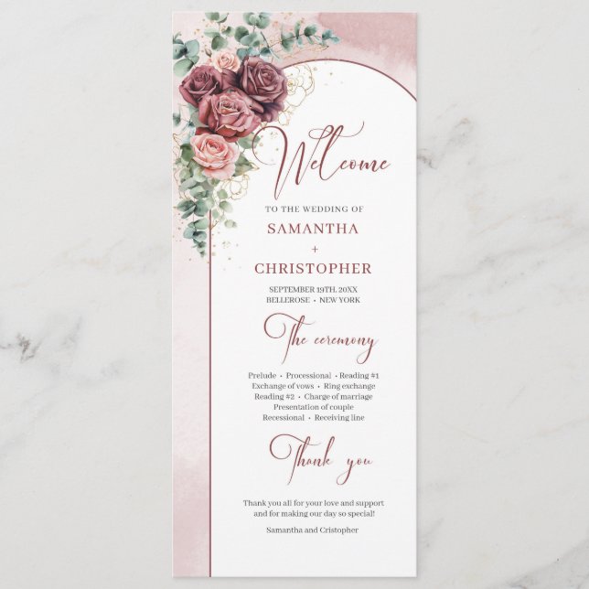 Modern arch blush burgundy floral wedding program (Front)