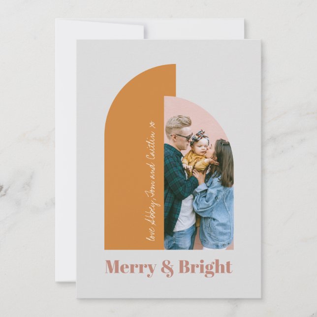 Modern Arch Blush Dusty Pink Gray Merry Photo Holiday Card (Front)