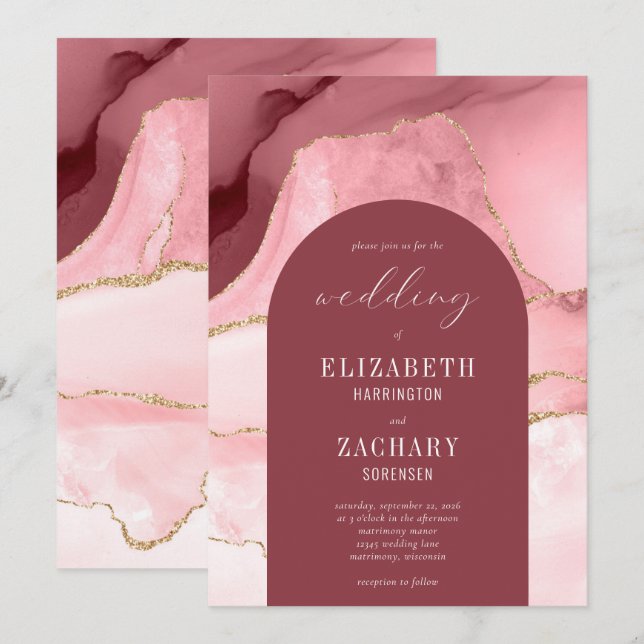 Modern Arch Blush Pink Gold Agate Wedding Invitation (Front/Back)