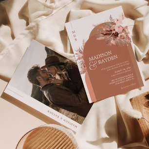 Modern Arch Boho Pampas Grass Terracotta Wedding Invitation