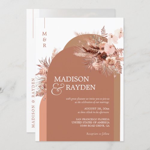 Modern Arch Boho Pampas Grass Terracotta Wedding Invitation