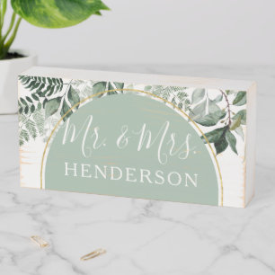 Modern Arch Botanic Greenery wedding table Mr Mrs Wooden Box Sign