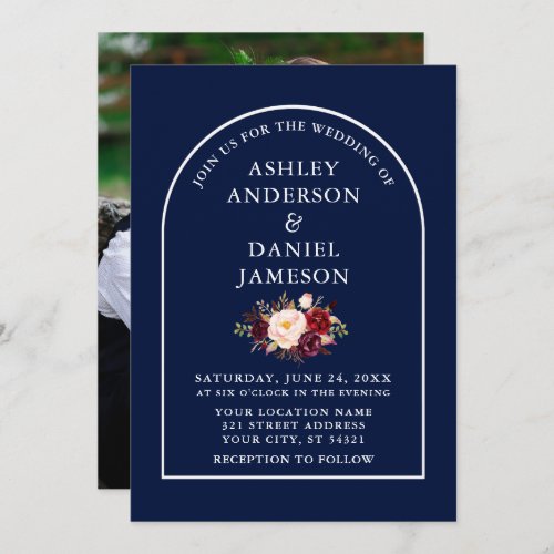 Modern Arch Burgundy Floral Blue Photo Wedding Invitation