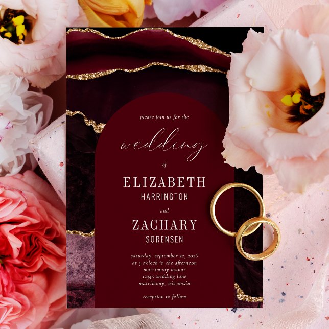 Modern Arch Burgundy Gold Agate Wedding Invitation (Creator Uploaded)
