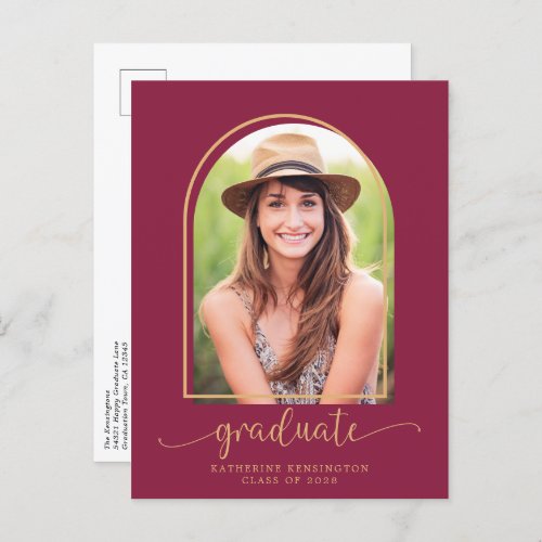 Modern Arch Burgundy Gold Photo Graduation Announcement Postcard