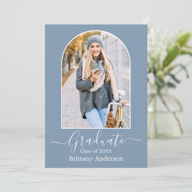 Modern Arch Calligraphy Dusty Blue Graduation Announcement (Standing Front)